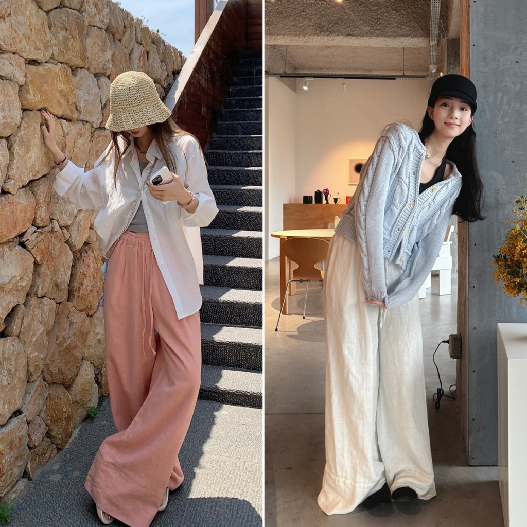 Luna Shop กางเกงลําลองผู้หญิง กางเกงขาตรงเชือกรูด หลวมๆ เรียบง่าย เนื้อผ้าบางใส่สบาย สไตล์เกาหลี 🍒 พร้อมส่ง 💕