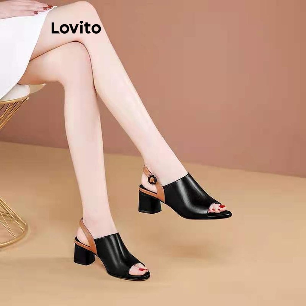 Lovito สง่างามธรรมดา บล็อกสี รองเท้าปากปลาส้นบล็อกอเนกประสงค์ที่เรียบง่ายสําหรับผู้หญิง  LFA65247