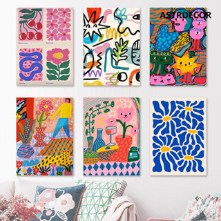 สีสดใสโปสเตอร์บทคัดย่อมือวาดพิมพ์ผ้าใบภาพวาดดอกไม้สีฟ้าภาพตก…