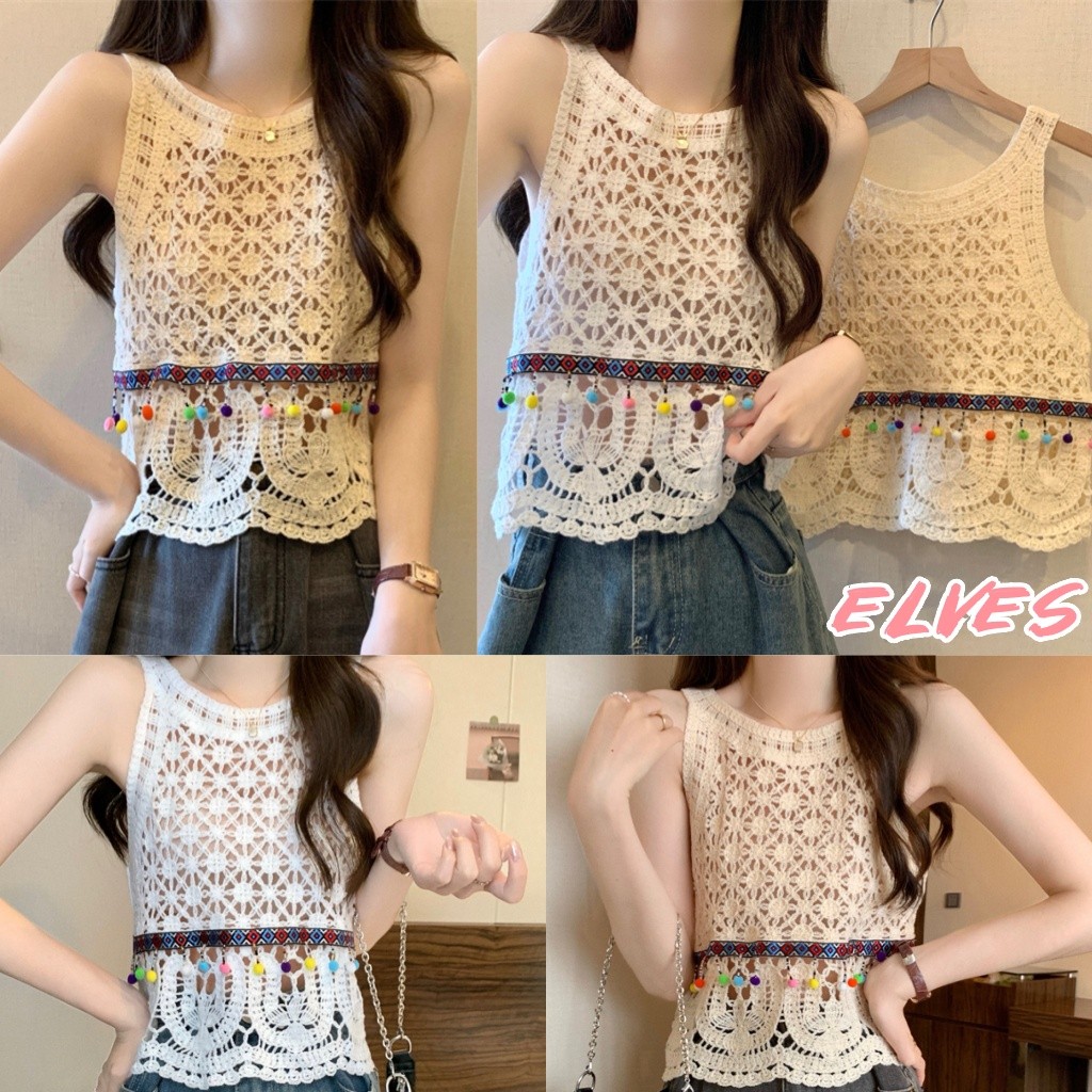 Elves พร้อม💟 เสื้อกล้ามถักไหมพรม แขนกุด โบฮีเมี่ยนสไตล์ สีพื้น สายเดี่ยว สไตล์ลำลอง "CX00820"