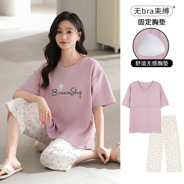 เบาะชุดนอนผู้หญิงชุดนอนผ้าฝ้ายชุดแขนสั้น3/4ความยาวฤดูร้อนเลดี้ชุดนอนผู้หญิงการ์ตูนน่ารักสวมใส่ - รูปที่ 4