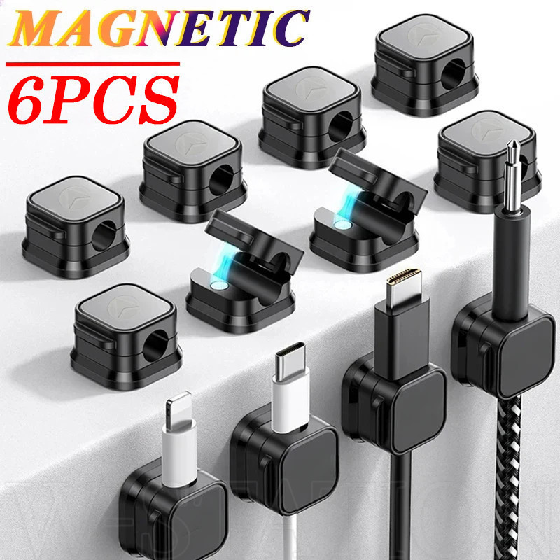 คลิปแม่เหล็กจัดเก็บสายชาร์จโทรศัพท์มือถือ มีกาวในตัว สําหรับบ้าน ออฟฟิศ ผนัง โต๊ะข้างเตียง รถยนต์ 6 ชิ้น