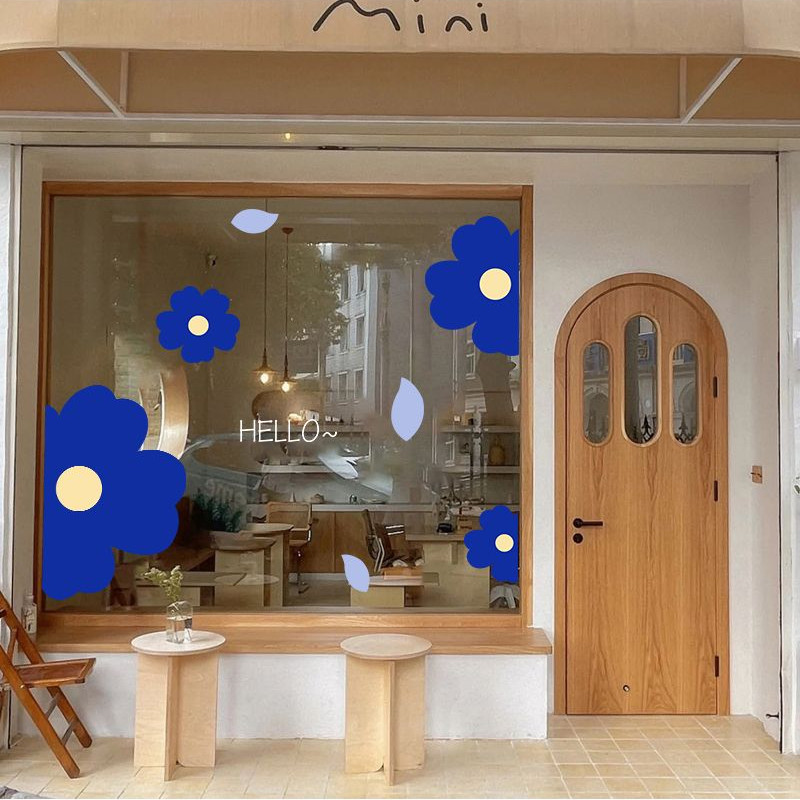 สติกเกอร์ ลายดอกไม้ สีฟ้า สําหรับติดตกแต่งกระจก หน้าต่าง ประตู ร้านกาแฟ ร้านชานม หน้าต่าง - รูปที่ 4