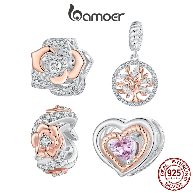 Bamoer จี้เงินแท้ 925 รูปหัวใจ กอดกุหลาบ สีเงิน อุปกรณ์เสริม สําหรับสร้อยข้อมือ