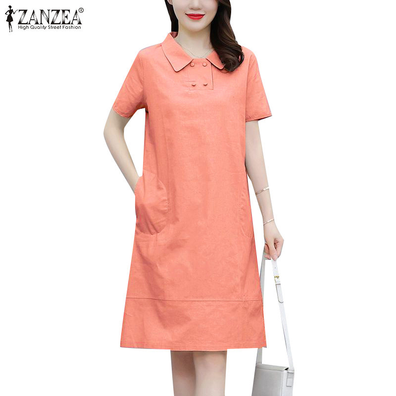 Zanzea ชุดเดรสแขนสั้น คอปกพับ สีพื้น สไตล์เกาหลี สําหรับผู้หญิง