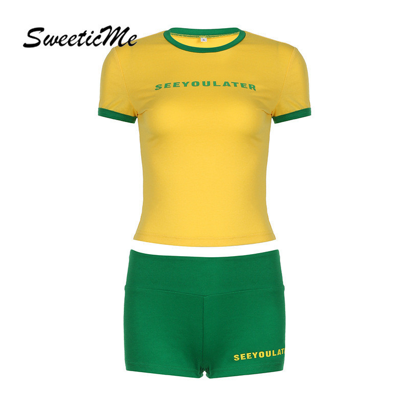 Sweeticme เสื้อยืดคอกลม แขนสั้น และกางเกงขาสั้น เอวสูง สีตัดกัน สําหรับผู้หญิง 2024