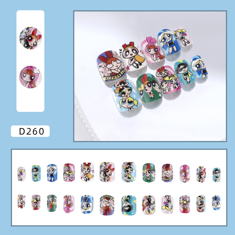 The Powerpuff Girls เล็บปลอม ลายการ์ตูน 24 ชิ้น 12 ขนาด ฟรีกาวเจลลี่