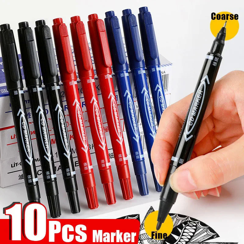 10Pcs Twin Tip Permanent Marker Black/Blue/Red Oil Marker Pen Fine Nid Marker Ink Stationery School 