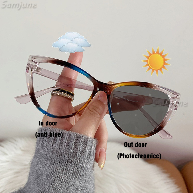แว่นตาป้องกันรังสีแบบโฟโตโครมิกสําหรับผู้หญิงและผู้ชายแมวตาแฟชั่นย้อนยุคป้องกันแสงสีฟ้าแว่นตาคอมพิวเตอร์อเนกประสงค์กลางแจ้งบังแดดแว่นกันแ