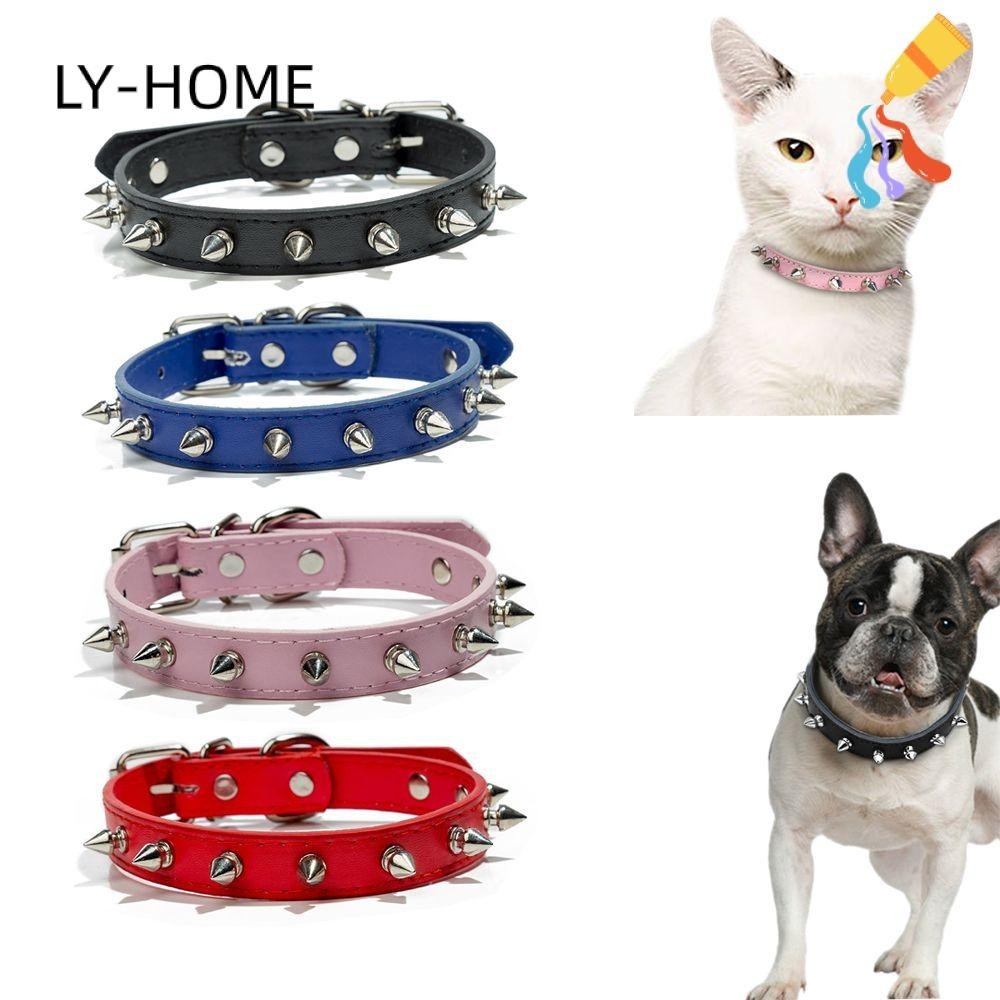 ✧LY-HOME✧ Pet Products Dog Collars Adjustable Anti-Bite Pet Collar Rivets Small Medium Dogs PU Leather Harp Spiked Studded Neck Strap/Multicolor