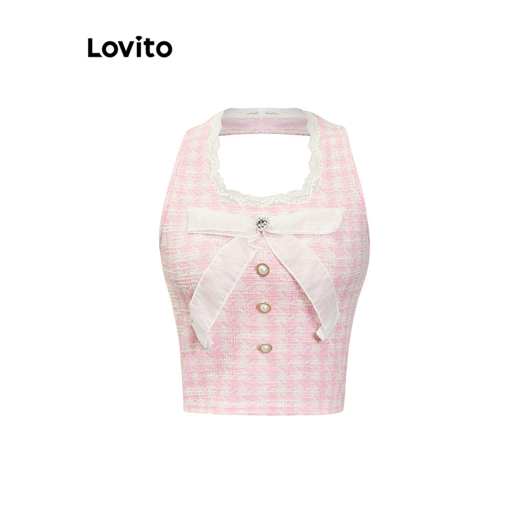 Lovito เสื้อคล้องคอผู้หญิง แต่งลูกไม้ มีกระดุม แต่งโบว์ ลายตาราง สไตล์น่ารัก L85AD218