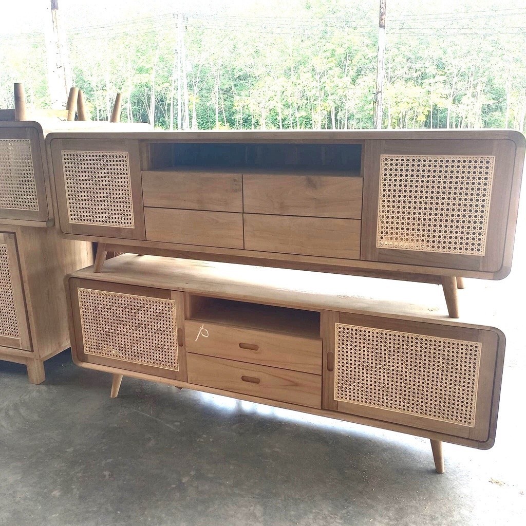 TV cabinet teak wood rattan door 1.8m long ตู้เก็บของหวาย ตู้ลิ้นชักไม้สักแท้100% ยาว 1.8 เมตร ชั้นวางทีวี มินิมอล