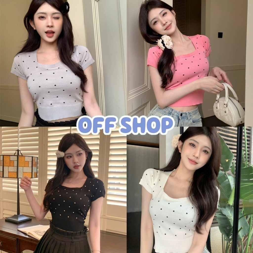 OFF SHOP พร้อมส่ง (OFF-BKD4832)  เสื้อยืดไหมพรมครอปแขนสั้น คอเหลี่ยม ดีเทลลายจุกน่ารักมาก