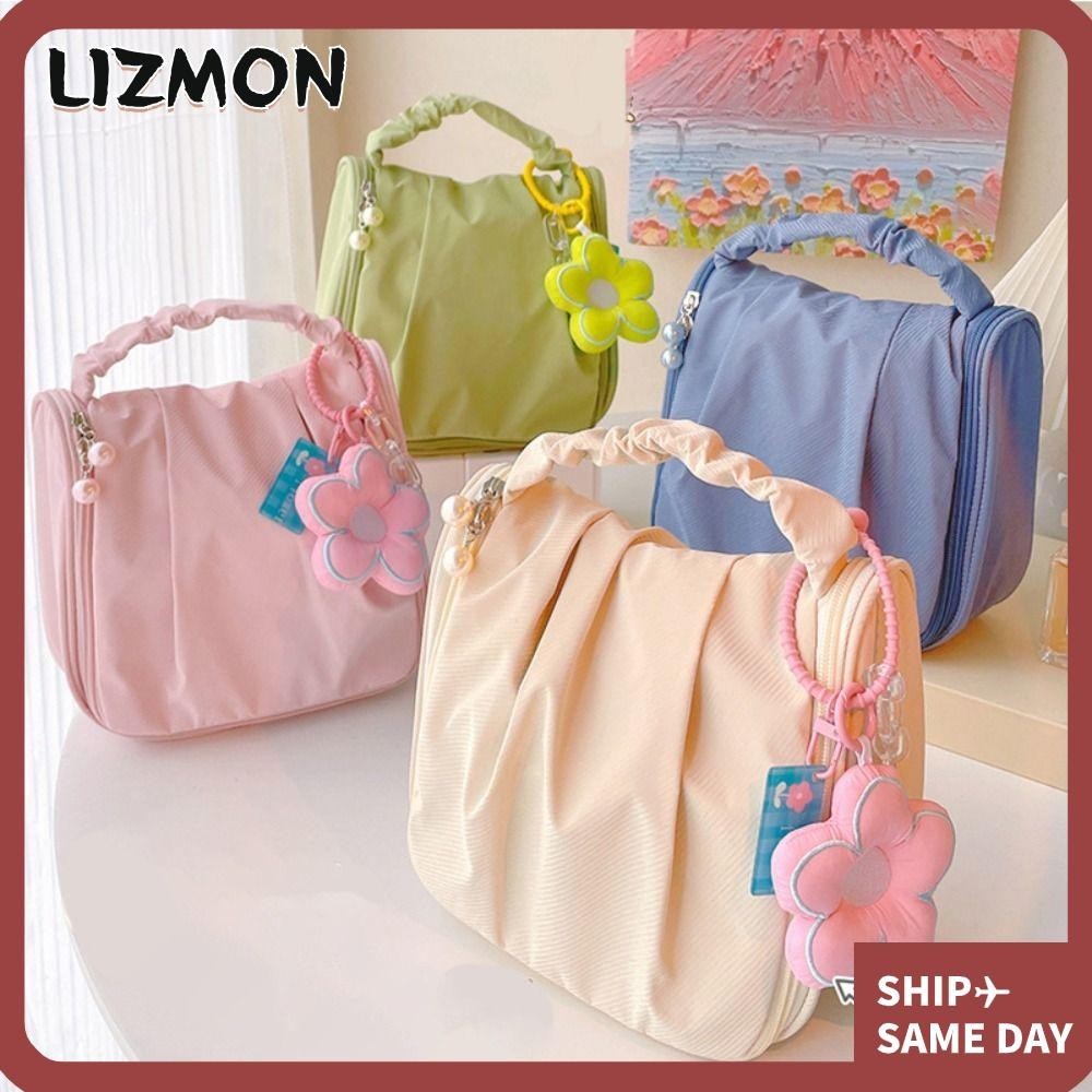 Lizmon Floral Cosmetic Bag, Pleated Fashion Cute Cloud Makeup Bag, Makeup Pouch Toiletry Bag เครื ่ องสําอางเกาหลี
