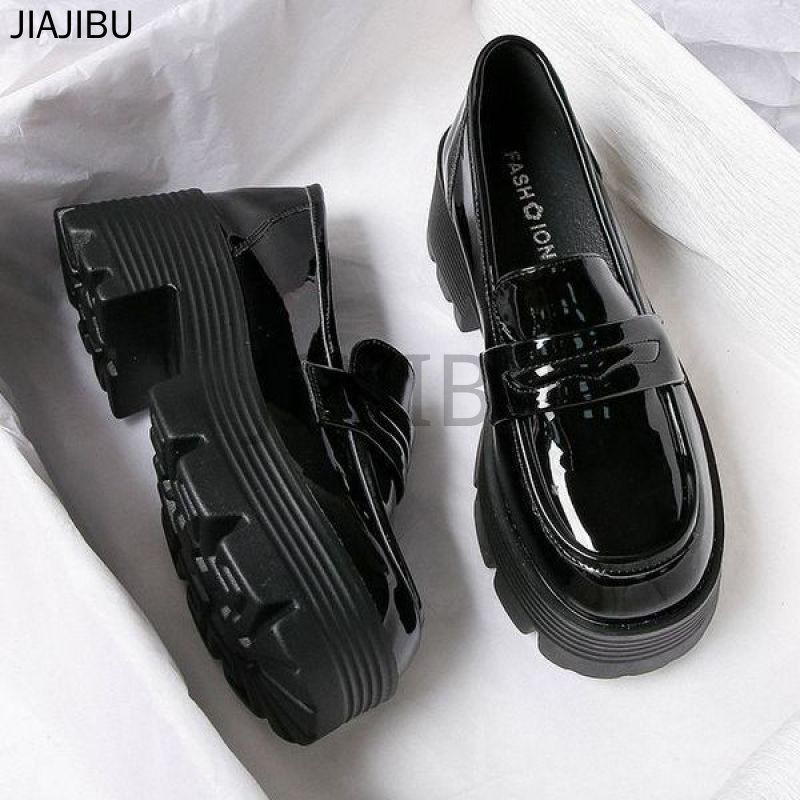 Korean Fashion Platform Mary Jane Shoes for Women Retro British Muffin Shoes Doll Shoes Versatile Black Round Toe Slip-on Loafers Non-slip Thick Heel Small Leather Shoes College Style Hi-heeled Student Leather Shoes Casual Japanese Lolita Shoes for Girls
