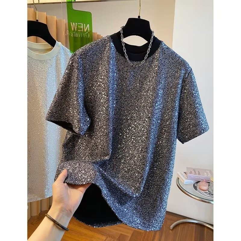 M-3XL ยุโรปสินค้า Sequined Sequined แขนสั้นเสื้อยืดผู้ชายฤดูใบไม้ผลิฤดูร้อน 2024 Chic High-End Design Top ผู้ชาย