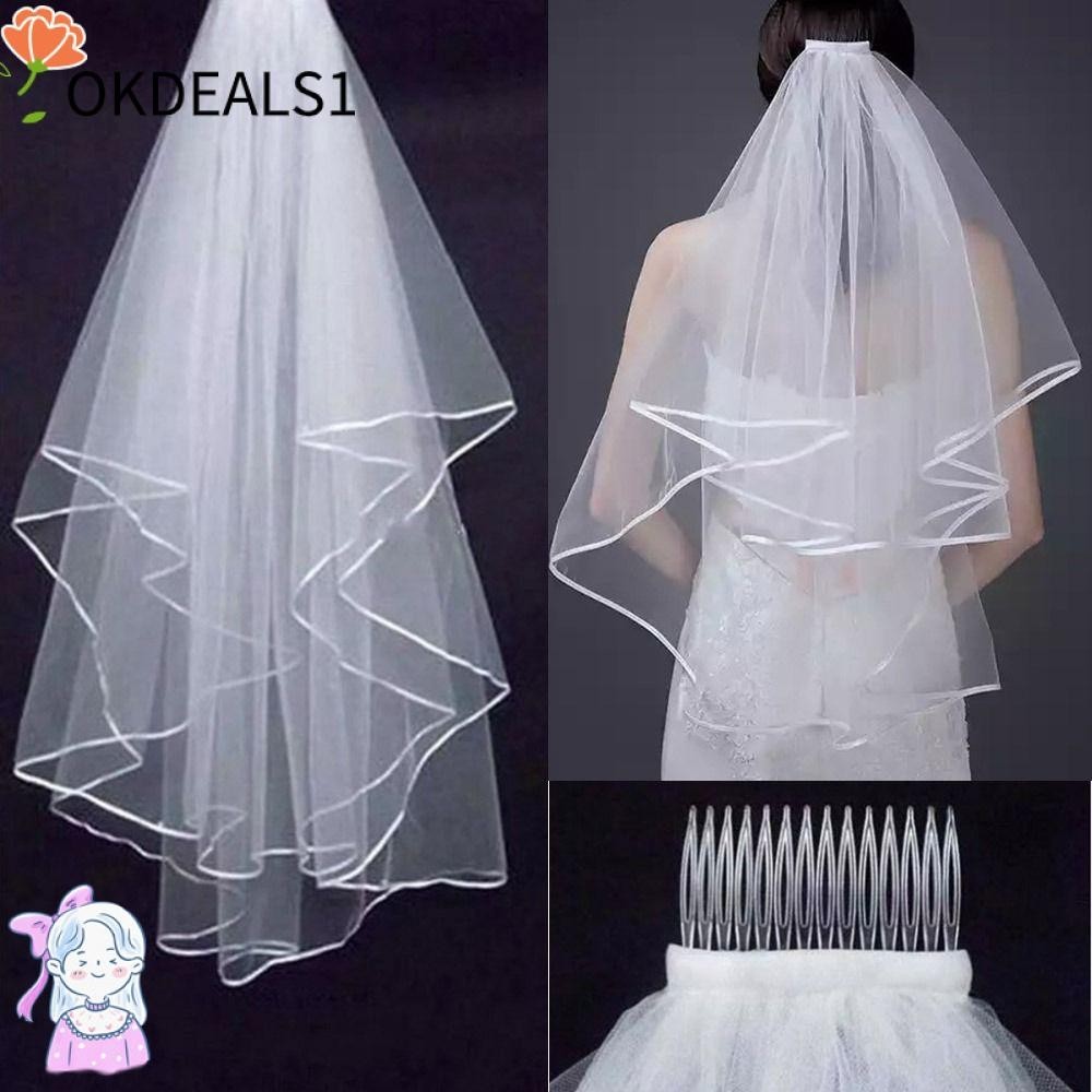 Dealshop ผ้าคลุมหน้าเจ้าสาว สีขาวงาช้าง ขอบลูกไม้ ภาพถ่าย สองชั้น พร้อมหวี