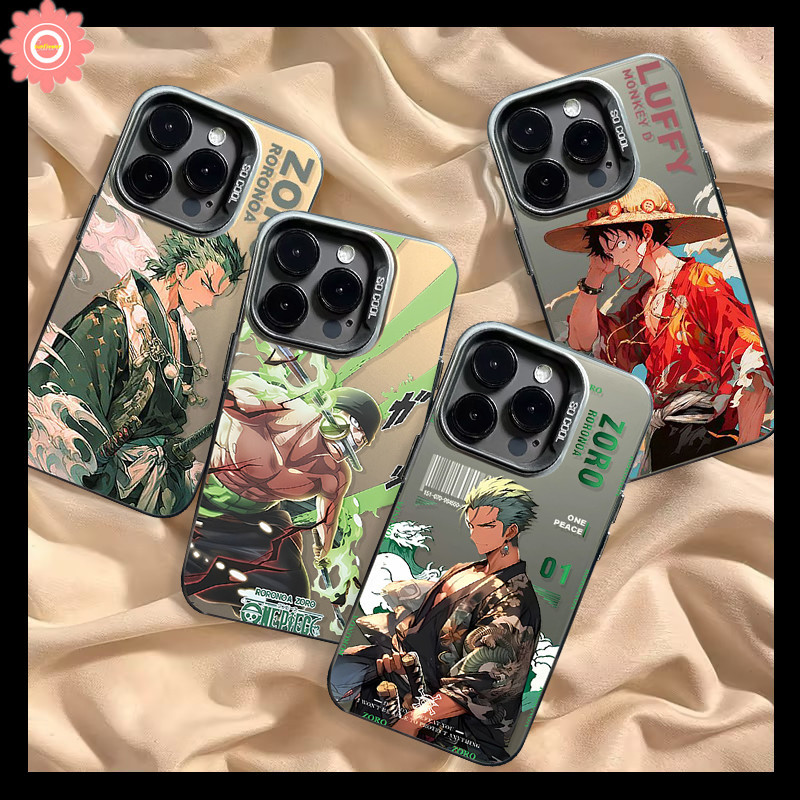 แบรนด์อินเทรนด์การ์ตูน One Piece Luffy Cool Zoro สําหรับ IPhone 11 13 15 14 12 Pro Max XR 7Plus 15 7 8 14 Plus XS X Max SE 2020 หรูหราชุบโลหะกรณีเลนส์