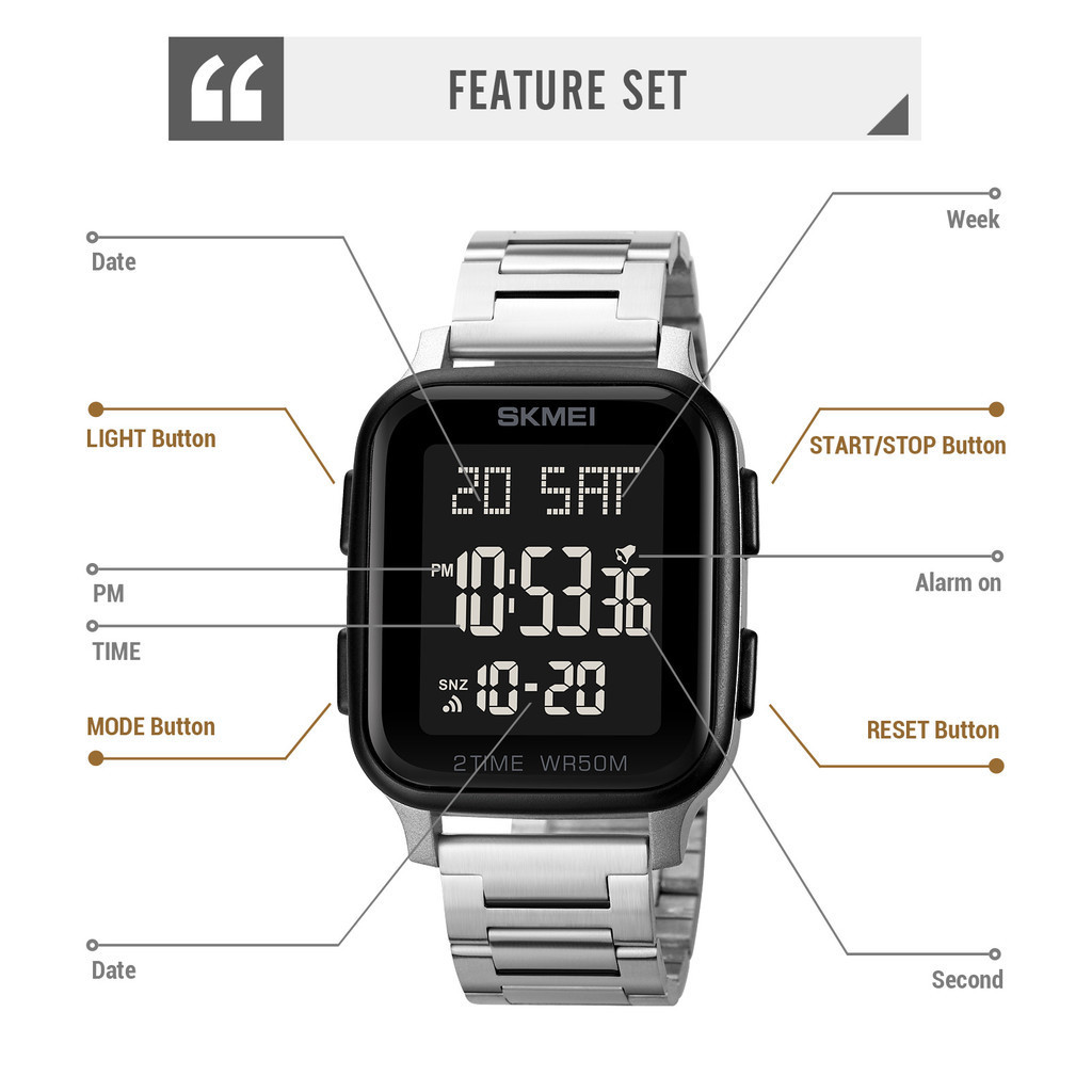 Skmei 1859 แฟชั ่ นผู ้ ชายนาฬิกากีฬาอิเล ็ กทรอนิกส ์ กันน ้ ําสแตนเลส Band Square นาฬิกานักเรียน 1858