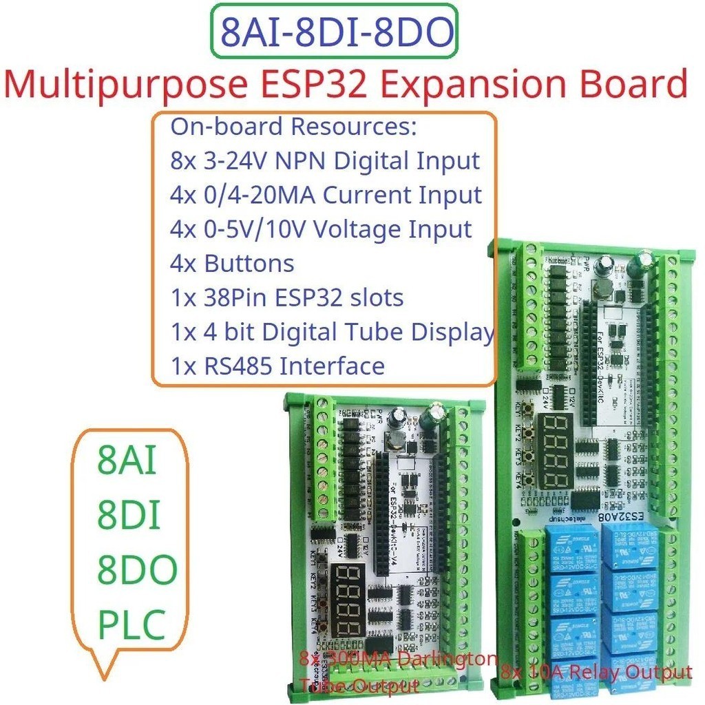 Dc 12V 24V 8AI-8DI-8DO ESP-WROOM-32 ESP32 Expansion Board RS485 4-20MA 0-5V 0-10V Analog Collection Wifi Relay Switch DIY