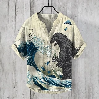 ผู้ชายญี่ปุ่นแฟชั่นขนาดเล็กคอวีเสื้อ henley ผู้ชายวินเทจญี่ปุ่นศิลปะ Magnolia ดอกไม้ V คอเสื้อลําลอง
