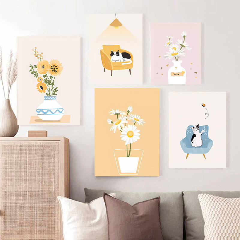 Minimalist โปสเตอร์การ์ตูนสัตว์ผ้าใบวาดดอกไม้ภาพห้องนั่งเล่นตกแต่งห้องนอน Home Décor