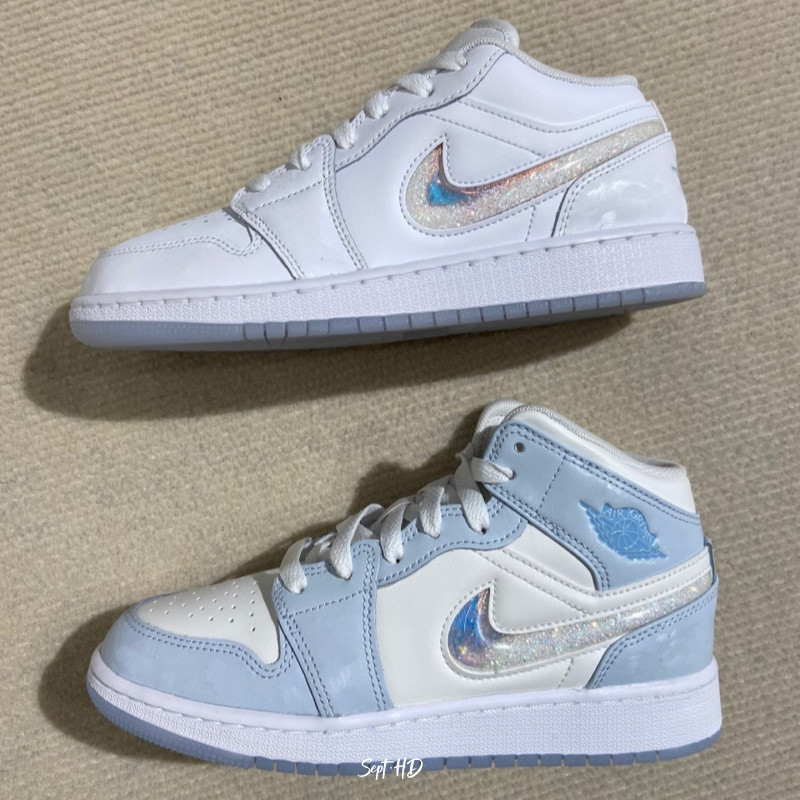 Air A/J 1 Mid GS Aurora Blue White Glitter FQ9117-400 FQ9112-100