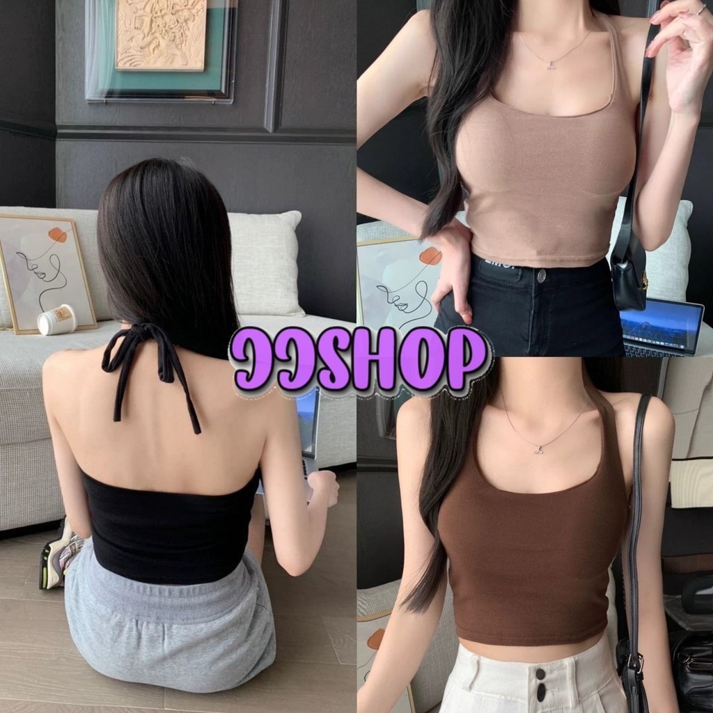 JJ Shop​💜​พร้อมส่ง  เสื้อคล้องคอครอปสั้น มีฟองน้ำ ทรงรัดตัว ยืดใส่ง่าย น่ารักสุดๆ "FYA070"