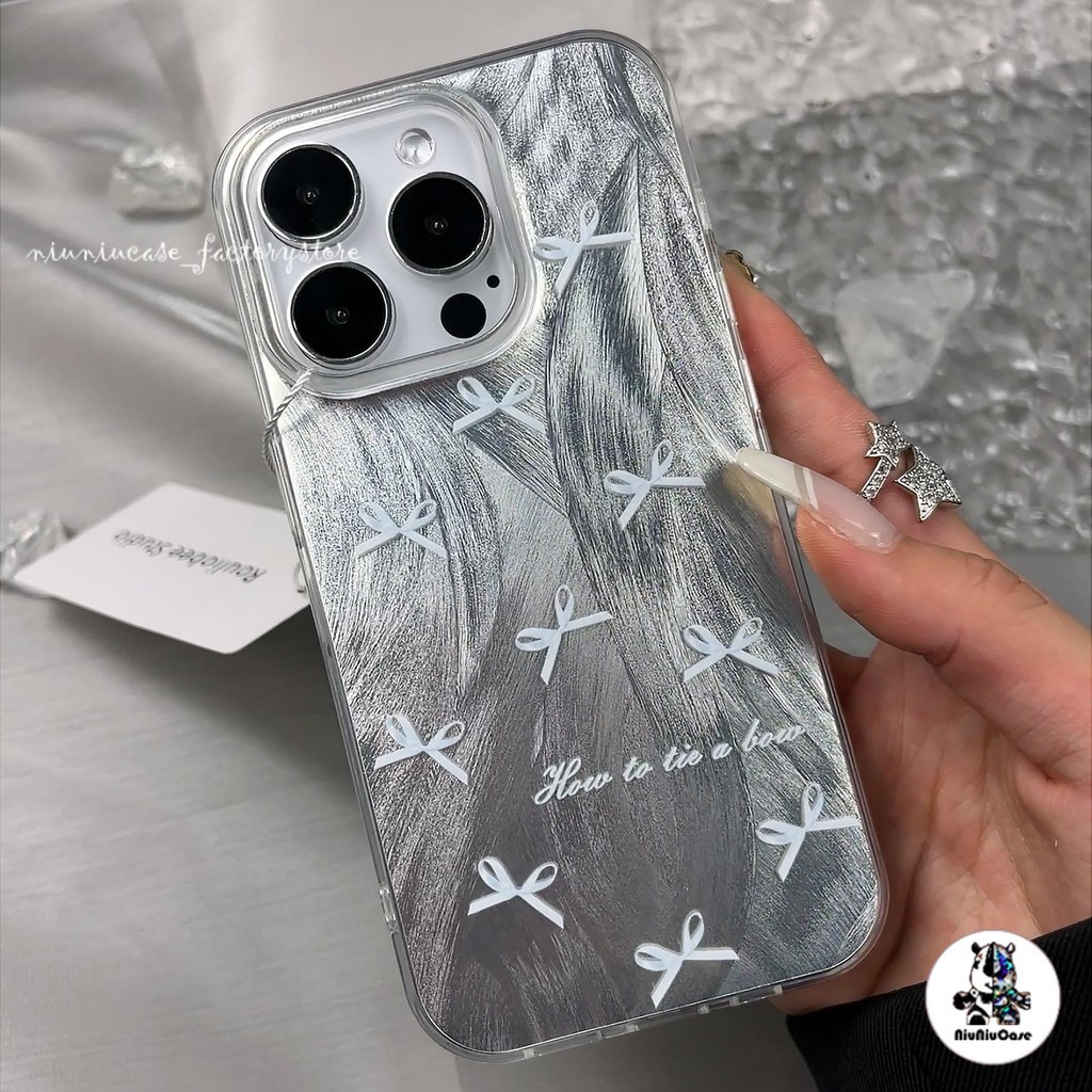 For iPhone 11 เคส Silver Feather Laser Case โบว์ ต้นมะพร้าว TPU For iPhone 11 12 13 14 15 Pro max X XR XS MAX 7 8 Plus