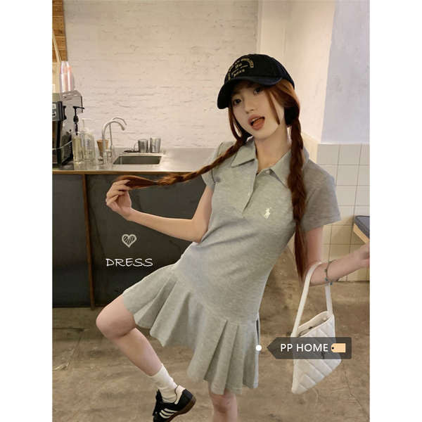เดรส PPHOME Ivy League College ~ สไตล์วิทยาลัย POLO ชุดคอผู้หญิงลําลองสไตล์กีฬาจีบกระโปรงเอวกระโปรง