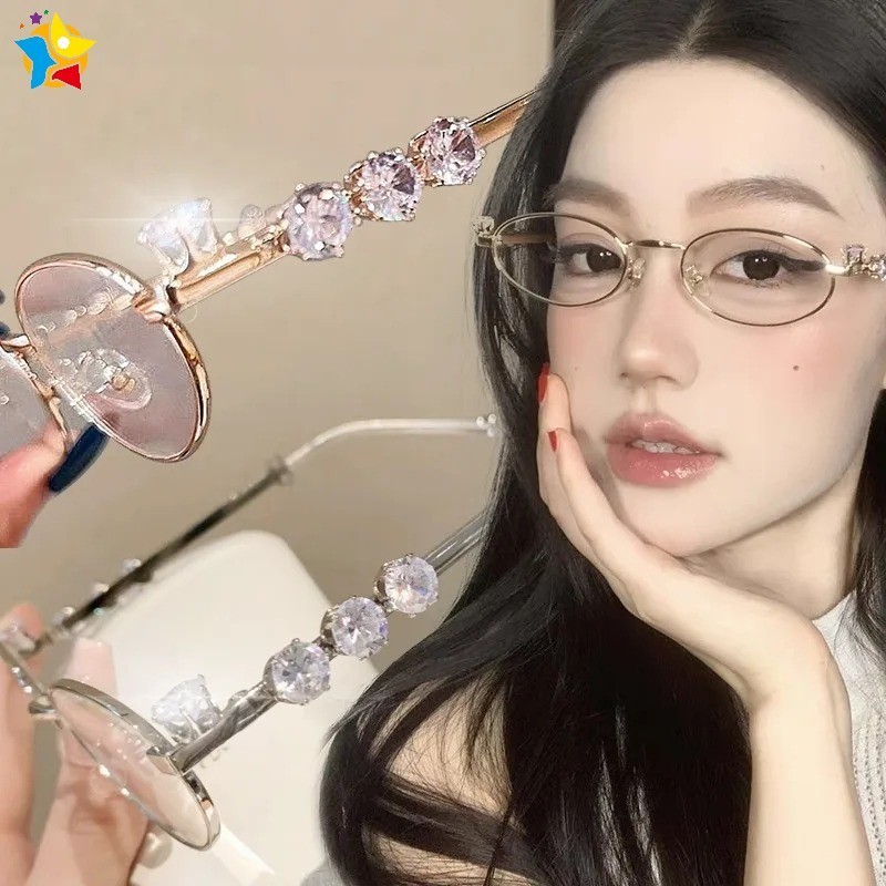 ผู้หญิง Punk Retro Silver Gold สี Anti Blue Light แว่นตาผู้ชาย Rhinestone สแตนเลสรูปไข่กรอบแว่นตาสาวประณีตแฟชั่นแว่นตา