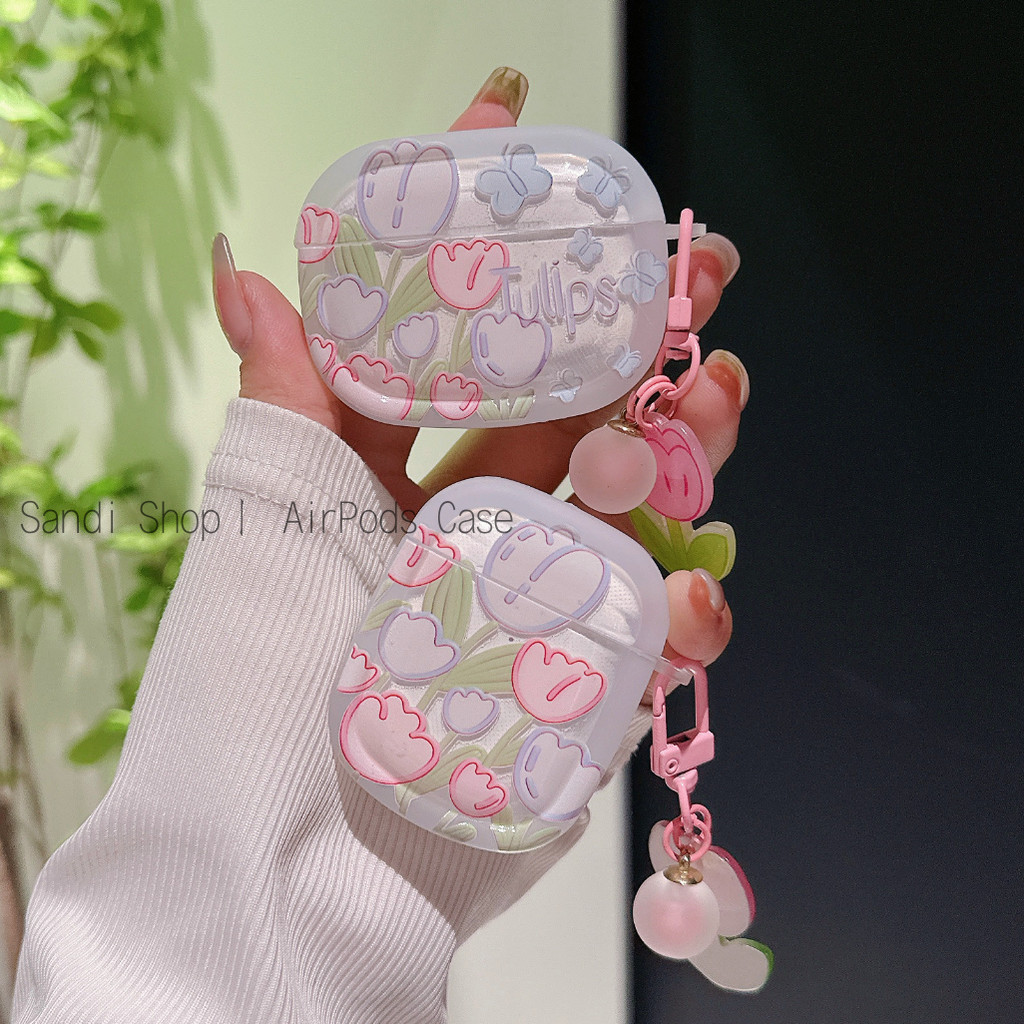 Insน่ารักรอบtulip AirPods 4 กรณีAirPodsสําหรับAirPods 1/2/3/Pro Pro2 กรณีAirPods 3 TPUนุ่มAppleไร้สายบลูทูธชุดหูฟังAnti drop AirPods Pro2 กรณีจี้