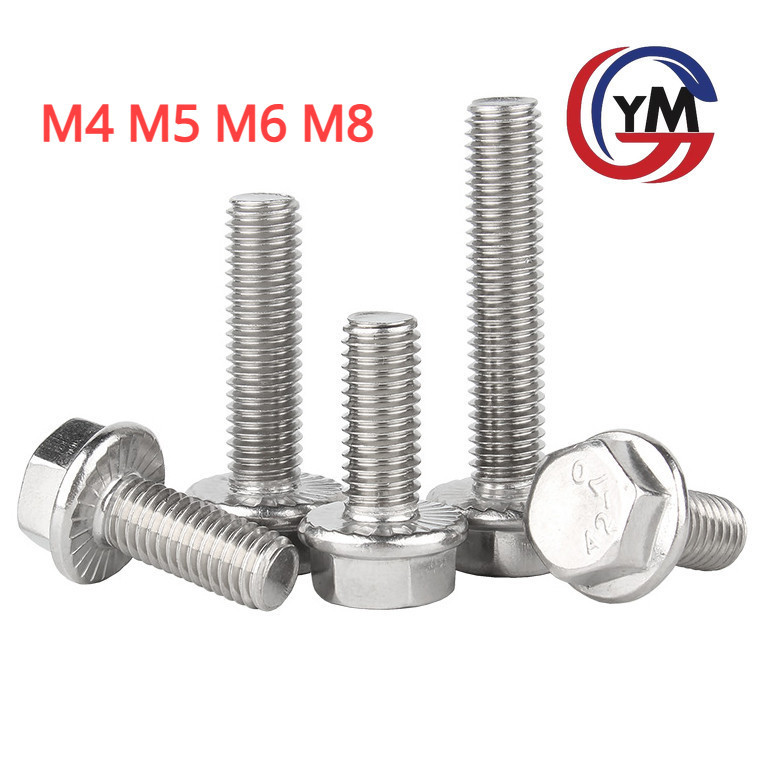 [ Ymh1] M4M5M6M8  สกรูติดแหวน น็อต สกรู น็อตหัวหกเหลี่ยม ติดจาน พื้นหยาบ สแตนเลส 304 เกลียวมิล หยาบ  / Hexagon Flange Bolts SUS304