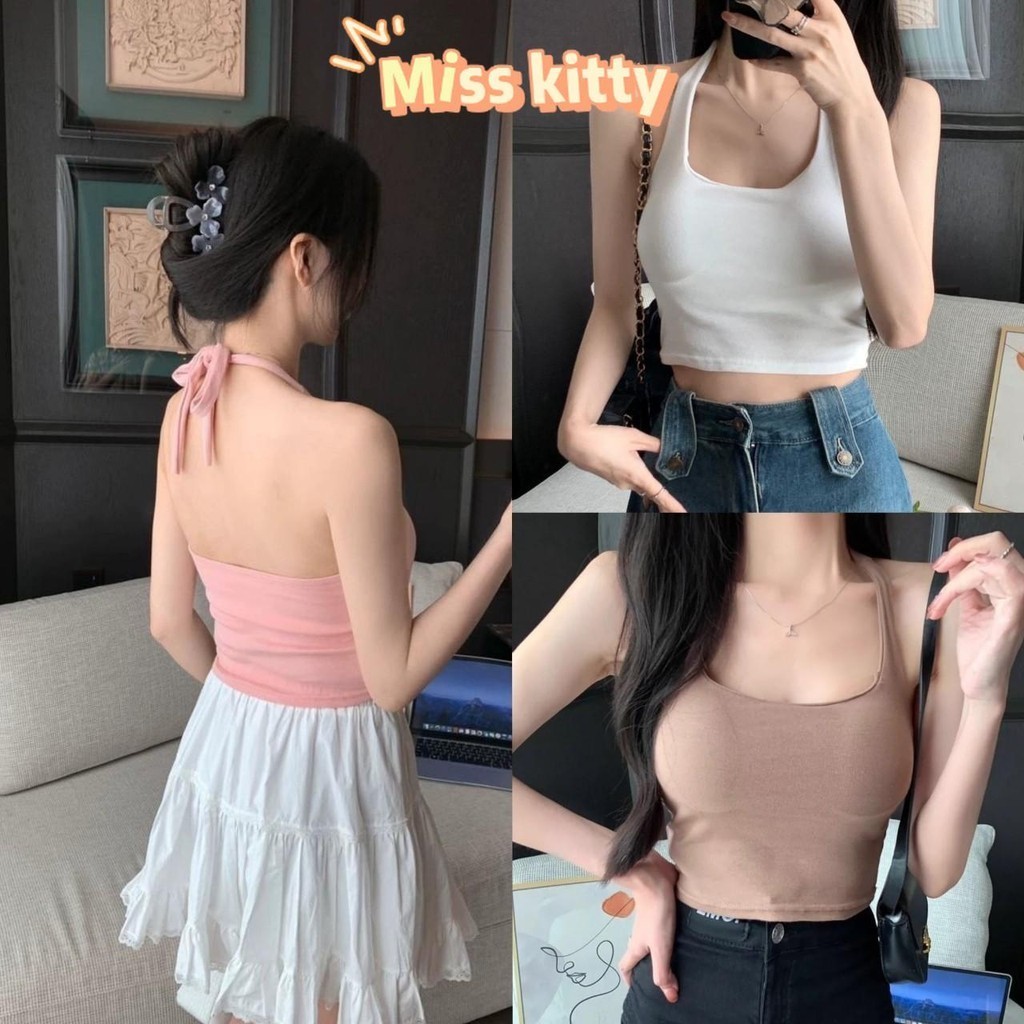 Miss Kitty จัดส่งที่รวดเร็ว "FYA070" เสื้อคล้องคอครอปสั้น มีฟองน้ำ ทรงรัดตัว ยืดใส่ง่าย ใส่สบาย