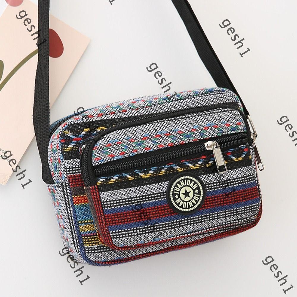 Gesh1 กระเป ๋ าสะพายไหล ่ , Classic Vintage Crossbody Bag, Casual Nylon Multi Layered Stripe Print Tote Bag Mother