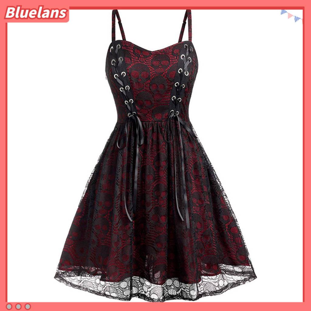 Bluelans ผู ้ หญิง Punk ชุดหลวม Hem Punk ชุด Vintage Gothic Punk Rock ลูกไม ้ มินิชุด Skull พิมพ ์ ชุดฮาโลวีน