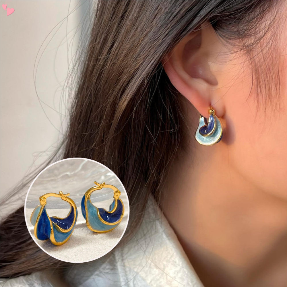14k Gold Plated Vintage Enamel Chunky Hoops Huggie ต่างหูหนาน้ําหนักเบา Gold Hoop ต่างหูผู้หญิงหญิง Hypoallergenic เครื่องประดับของขวัญ