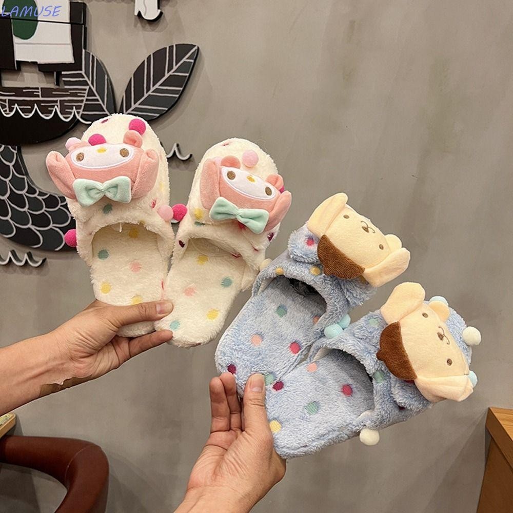 Lamuse Plush รองเท้าแตะในร่ม Fluffy เย็บปักถักร้อยรองเท้าเด็กของขวัญ My Melody Purin Kuromi Cinnamoroll ฤดูใบไม้ร่วงฤดูหนาวรองเท้าชั้น