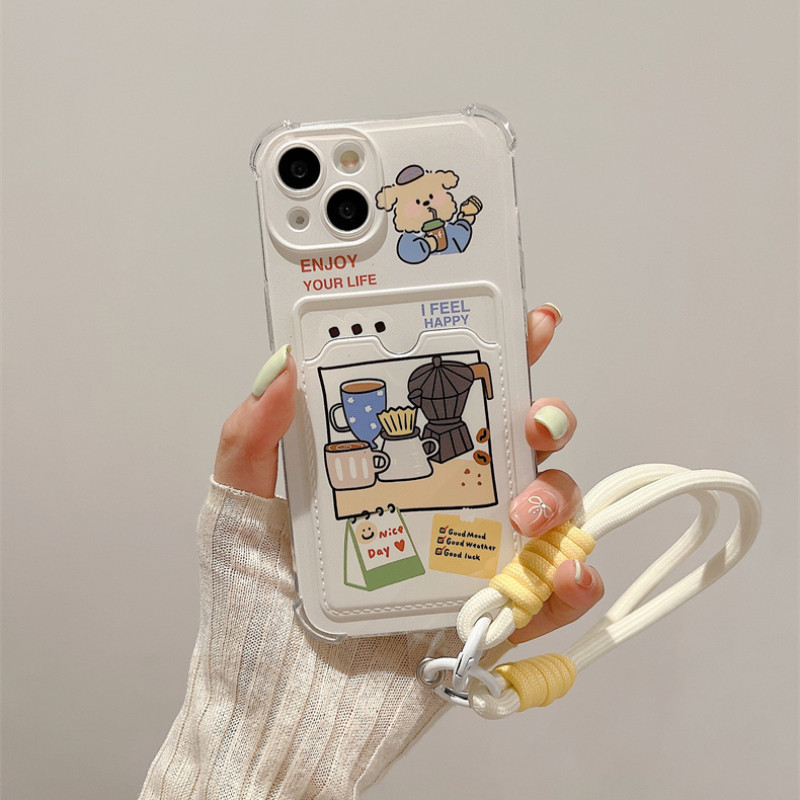 Iphone 15 14 13 12 11 Pro MAX X XR XS MAX 7 8 Plus น่ารัก minimalist high-end การ์ตูนกาแฟสุนัข + anti loss สร้อยข้อมือเคสโทรศัพท์ Soft Cover