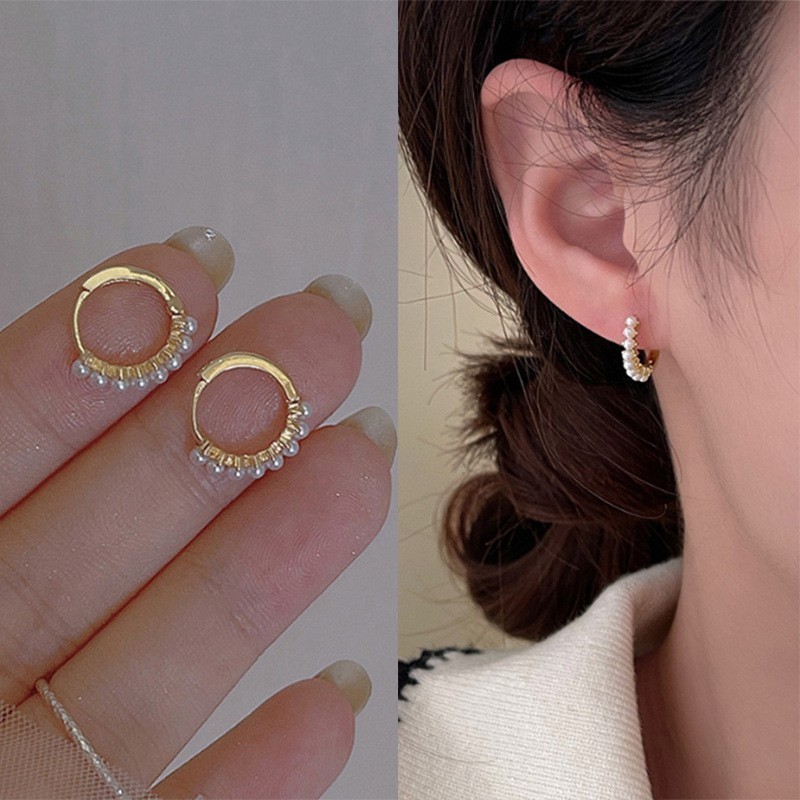 Pearl Minimal 10 Mm Hoop ต ่ างหูผู ้ หญิงเกาหลีขนาดเล ็ กสีทองวงกลมกระดูกอ ่ อนต ่ างหูเจาะเครื ่ องประดับ
