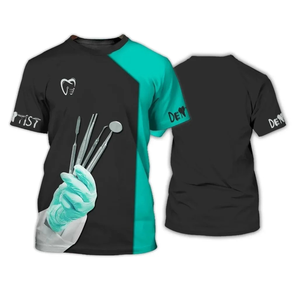 เสื้อยืดผู้ชายและผู้หญิง ทันตแพทย์ ขนาดใหญ่เกินไป เครื่องแบบ 3ง พิมพ์ด้านบน แขนสั้นสไตล์สนุกทันตกรรมเสื้อสวมหัวหลวมเสื้อยืด