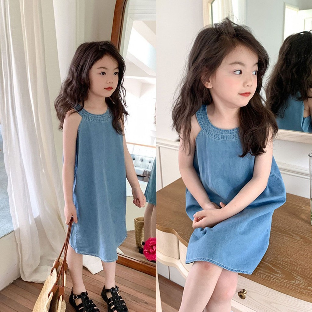 สาวชุดสีฟ้าหลวมฤดูร้อนใหม่แฟชั่นเกาหลีสไตล์ตะวันตก ไร้การนอนหลับ ชุดเด็กกระโปรง