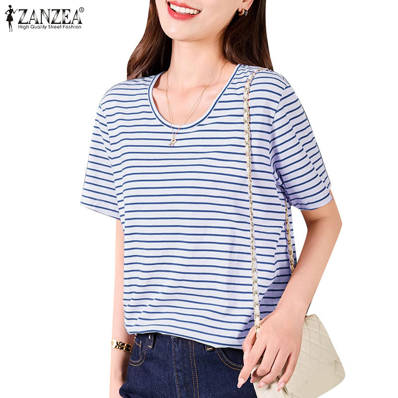 ZANZEA ซานเซีย ผู้หญิงเกาหลีลําลองคอกลมแขนสั้นลายเสื้อหลวม