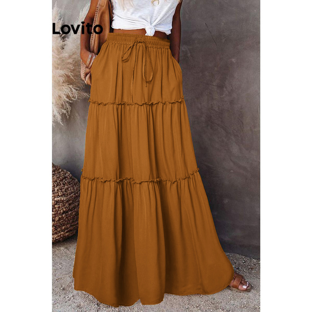 Lovito กระโปรงผู้หญิง เชือกรูด ขอบหยัก ระบายแบบชั้น สีพื้น สไตล์ลำลอง LNL54023