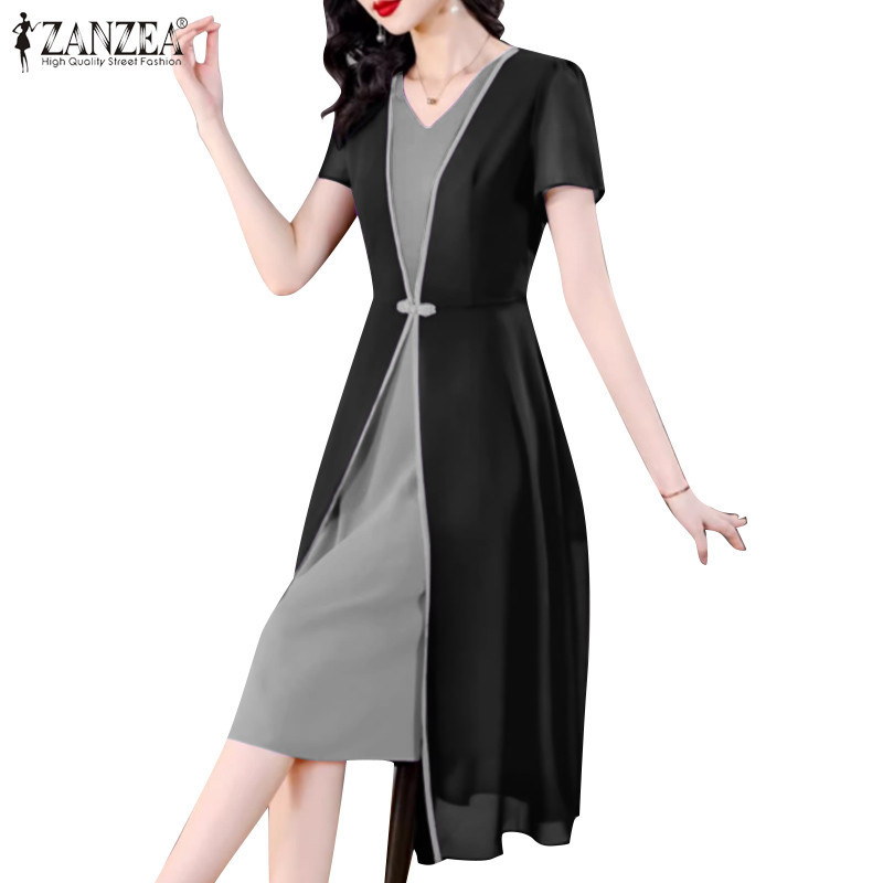Zanzea ผู้หญิงเกาหลีคอวีแขนสั้น Patchwork แฟชั่นชุดหางปลาไม่สม่ําเสมอ