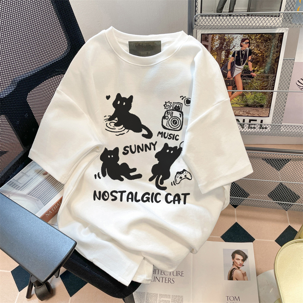 COD (จัดส่งในกรุงเทพฯ) MAO Shop T-shirt，แมวน่ารักเรียบง่ายพิมพ์เสื้อยืดแขนสั้นหลวม OVERSIZE เสื้อผ้าแฟชั่นผู้หญิง