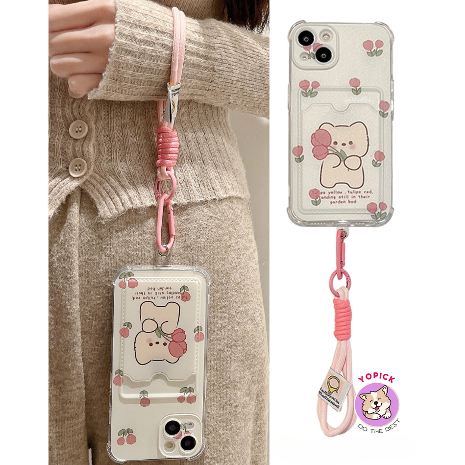 Cat Tulip สายรัดข้อมือ iPhone 15 เคสโทรศัพท์สําหรับ iPhone 12 Promax 13 mini 11 14 Pro Max X XR XS Max 7 8 Plus SE2020 6Plus การ์ดโทรศัพท์ CoverChain เชือกแขวนสาวการ์ตูน