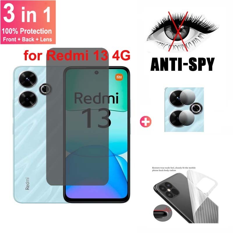 3 in 1 ฟิล์มกระจก สำหรับ Xiaomi Redmi 13 4G ตัวป้องกันหน้าจอสำหรับ Xiaomi Redmi 13 13C 12 12C Note 13 12 12S Pro Plus 4G 5G การปกป้องความเป็นส่วนตัว