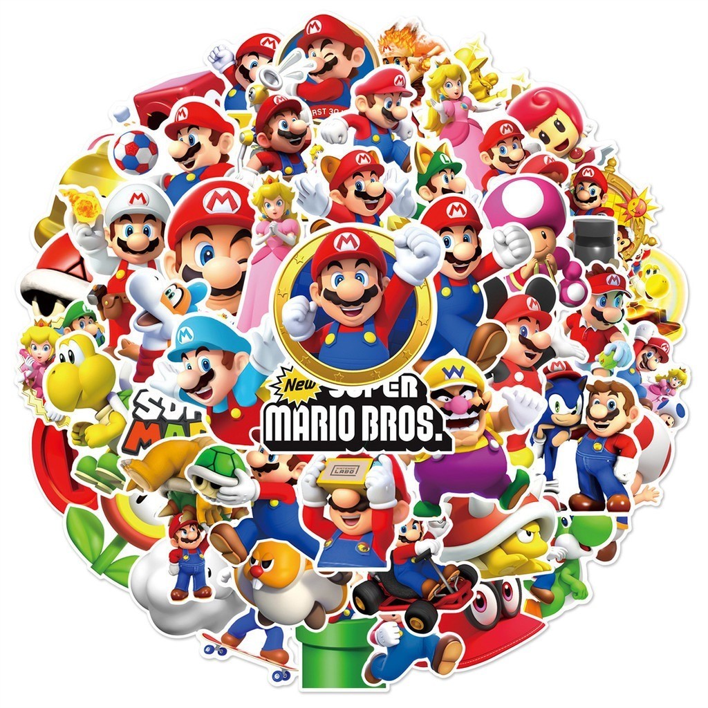 Y&P| ชุดสติ๊กเกอร์ Super Mario Bros. ชุดสติ๊กเกอร์กราฟิตี้กันน้ำลายการ์ตูน, 50 แผ่น/ชุด
