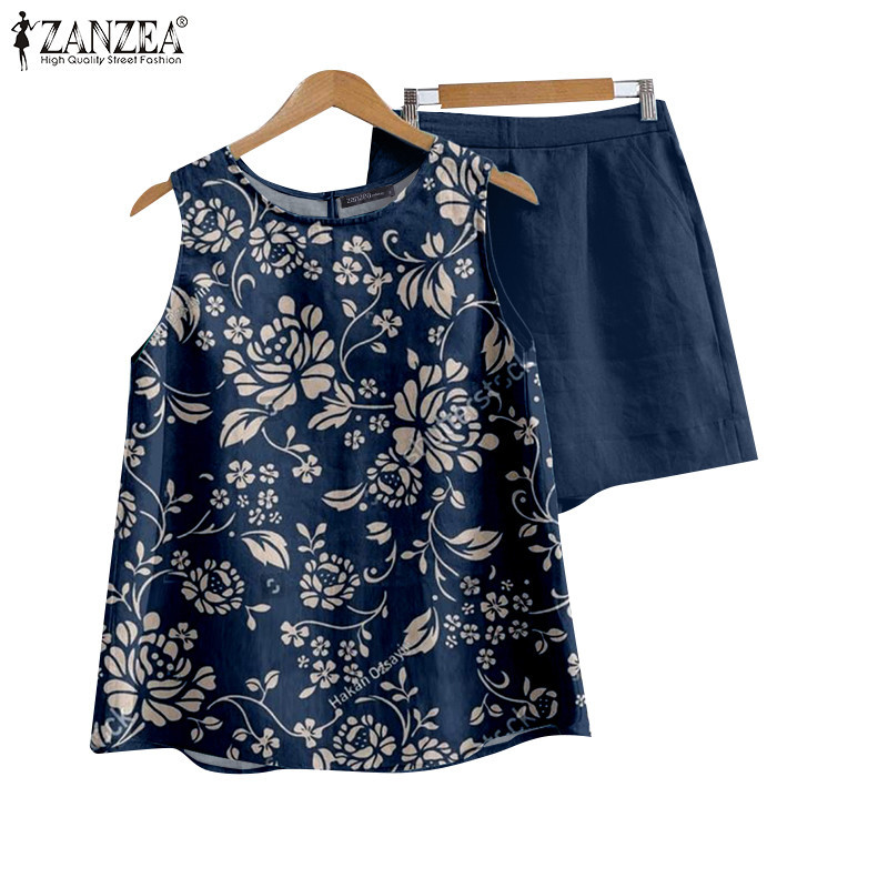 ZANZEA ซานเซีย ผู้หญิงเกาหลีพิมพ์รอบคอแขนกุดกระเป๋าท็อปส์กางเกงขาสั้น